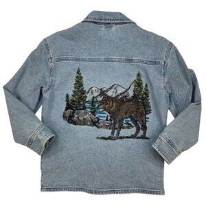 Abercrombie Kids Denim Jacket Shacket Shirt 7 Embroidered Wolf